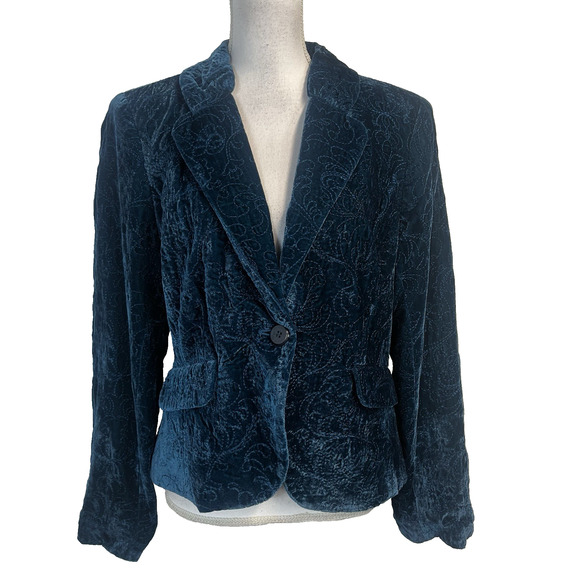 Bandolino Blazer Jacket Women's Size 12 Teal Velvet Floral Embroidered Boho - Picture 1 of 8